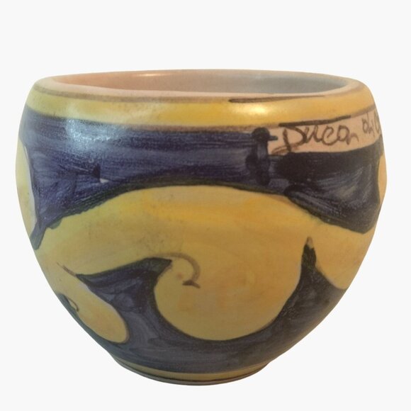 Italian Folk Pottery Pot Blue Yellow Flower Signed Hand Painted Ceramic Floral - Picture 3 of 8